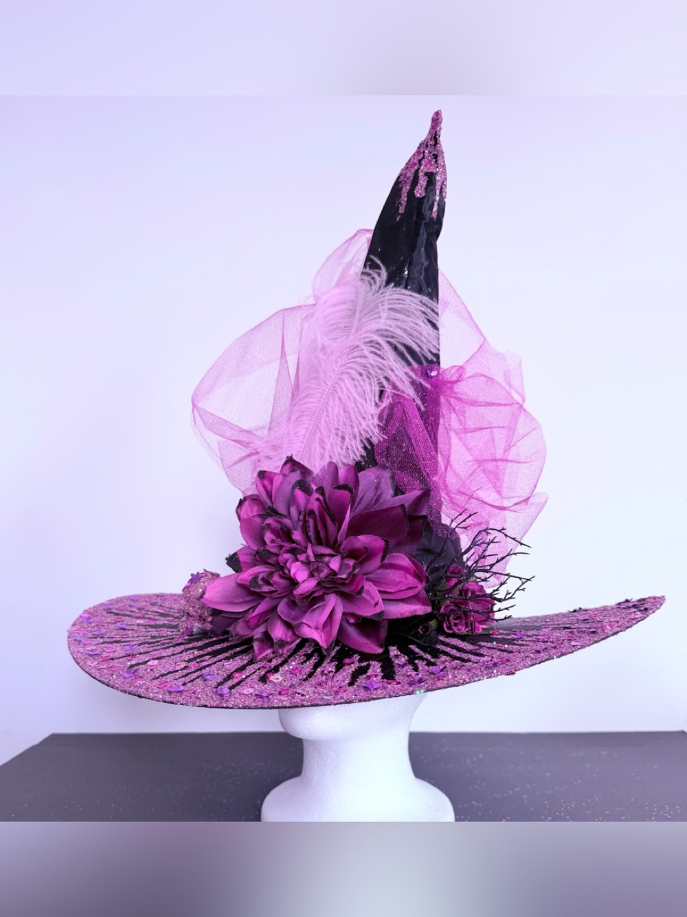 Witch hat black satin pink ostrich feather & sparkling embellishment OS ADULT
